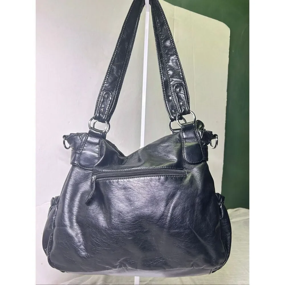 Angel Barcelo Black Faux Leather Slouchy Hobo Shoulder Bag Satchel Travel Purse